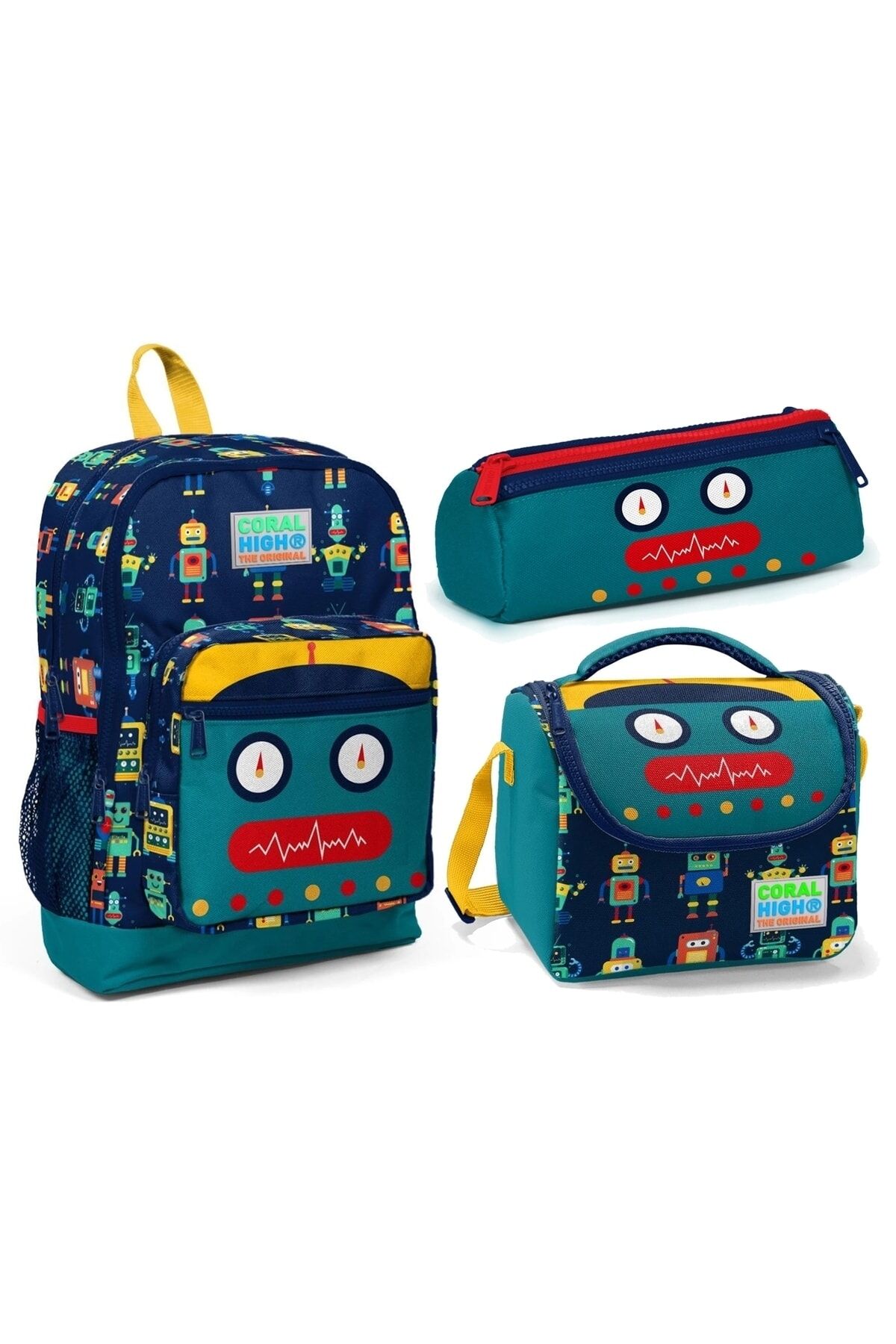 Robot Desenli Dört Bölmeli Okul Çantası Beslenme Kalemlik 3 lü Set 23472