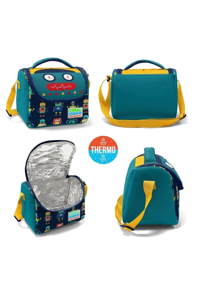 Robot Desenli Dört Bölmeli Okul Çantası Beslenme Kalemlik 3 lü Set 23472