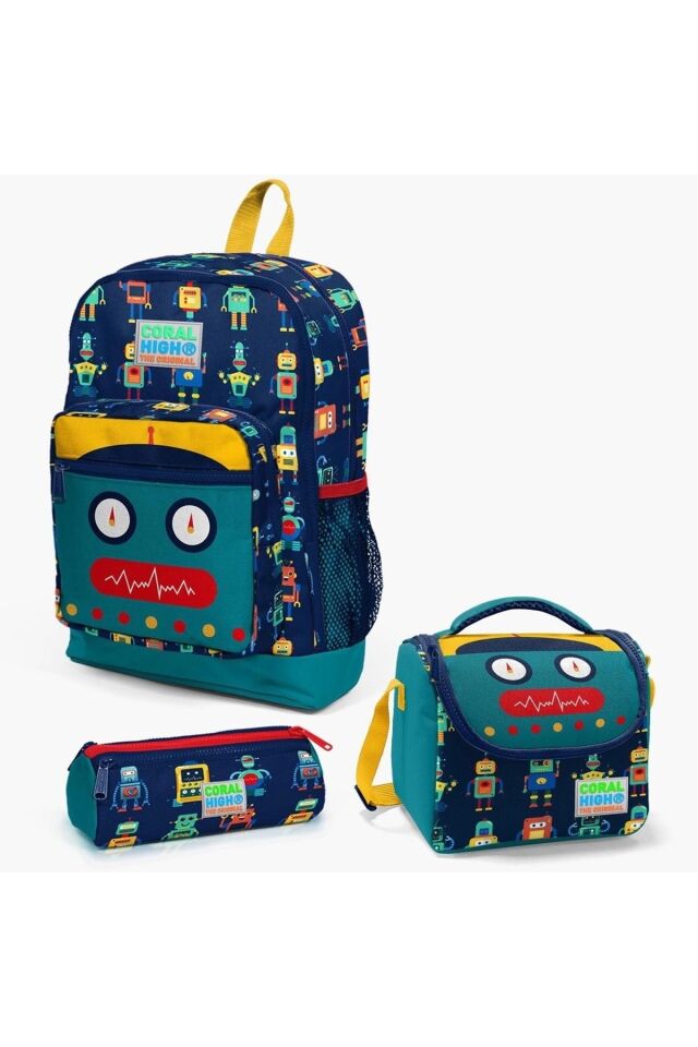 Robot Desenli Dört Bölmeli Okul Çantası Beslenme Kalemlik 3 lü Set 23472