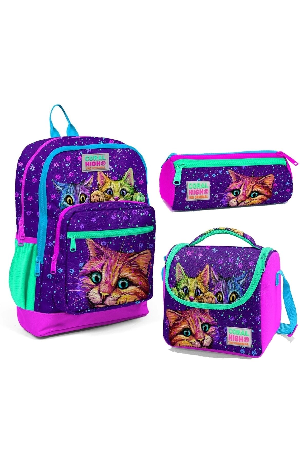 Kedi Desenli Dört Bölmeli Okul Çantası Beslenme Kalemlik 3 lü Set 23732