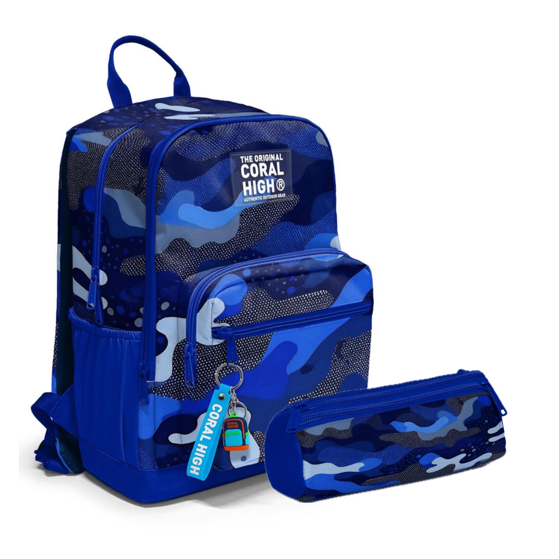 Coral High Lacivert Saks Kamuflaj Desenli Okul Sırt Çantası ve Kalemlik Seti