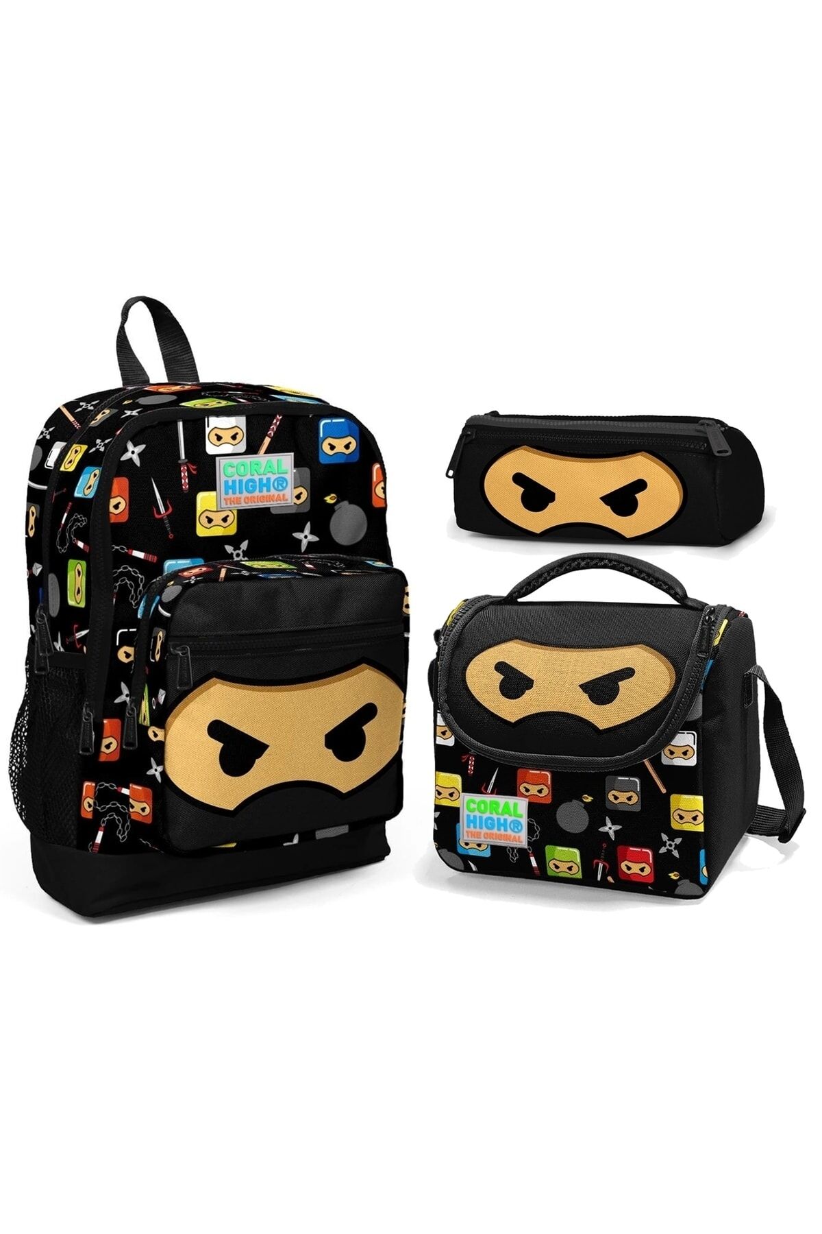 Ninja Desenli Dört Bölmeli Okul Çantası Beslenme Kalemlik 3 lü Set 23473