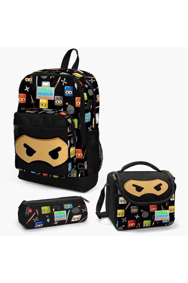 Ninja Desenli Dört Bölmeli Okul Çantası Beslenme Kalemlik 3 lü Set 23473