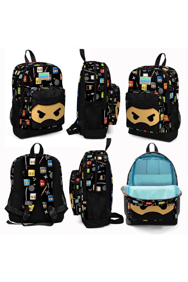Ninja Desenli Dört Bölmeli Okul Çantası Beslenme Kalemlik 3 lü Set 23473