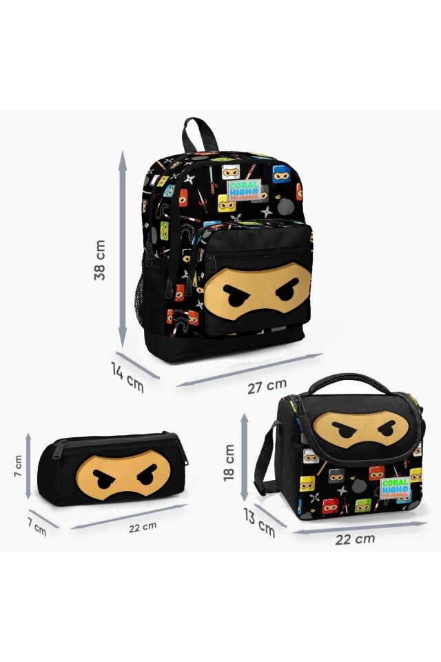 Ninja Desenli Dört Bölmeli Okul Çantası Beslenme Kalemlik 3 lü Set 23473