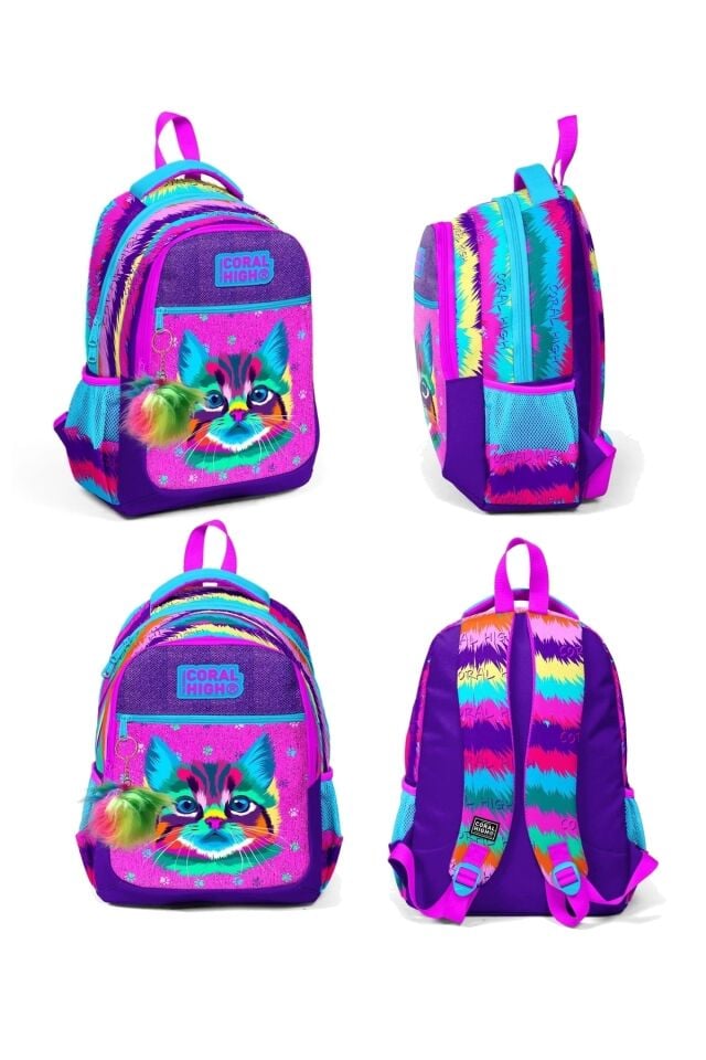 Kedi Desenli Üç Bölmeli Okul Çantası ve Beslenme Çantası 2'li Set
