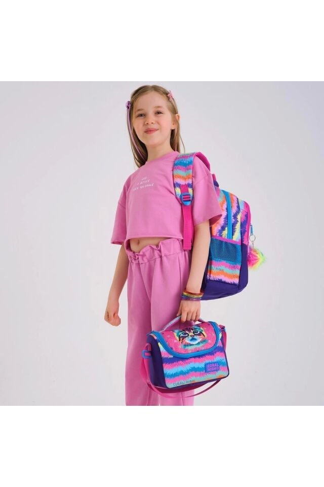 Kedi Desenli Üç Bölmeli Okul Çantası ve Beslenme Çantası 2'li Set