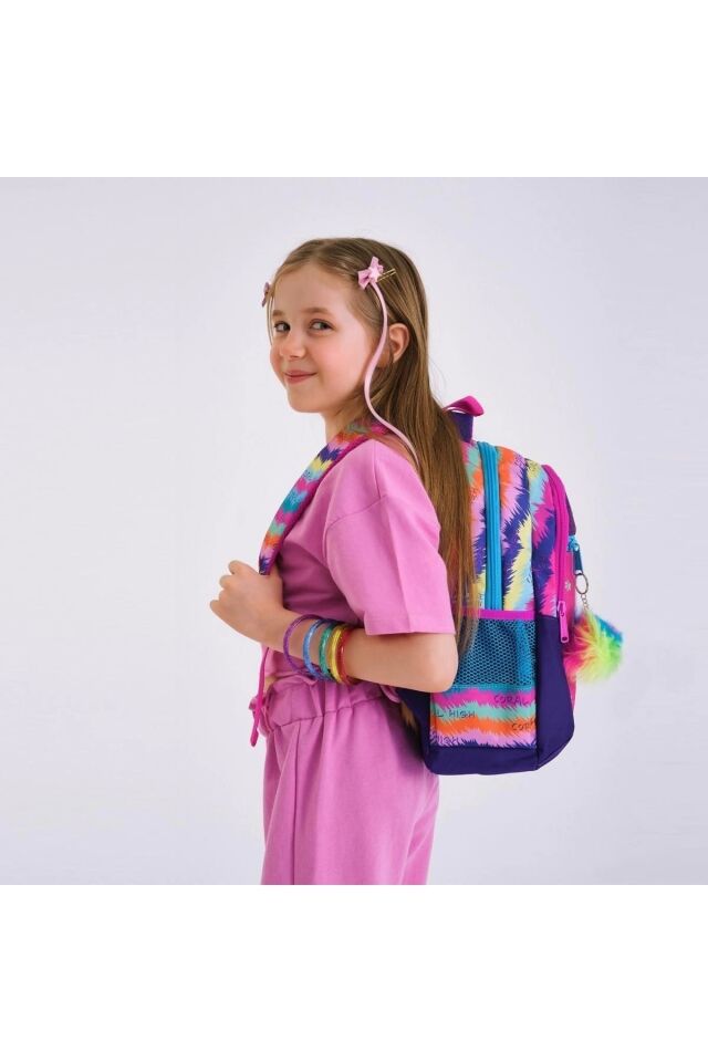 Kedi Desenli Üç Bölmeli Okul Çantası ve Beslenme Çantası 2'li Set