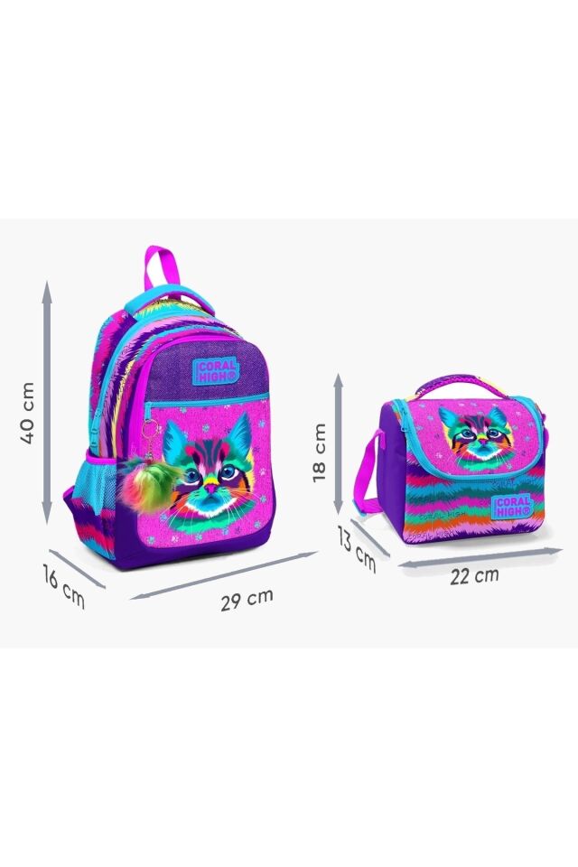 Kedi Desenli Üç Bölmeli Okul Çantası ve Beslenme Çantası 2'li Set