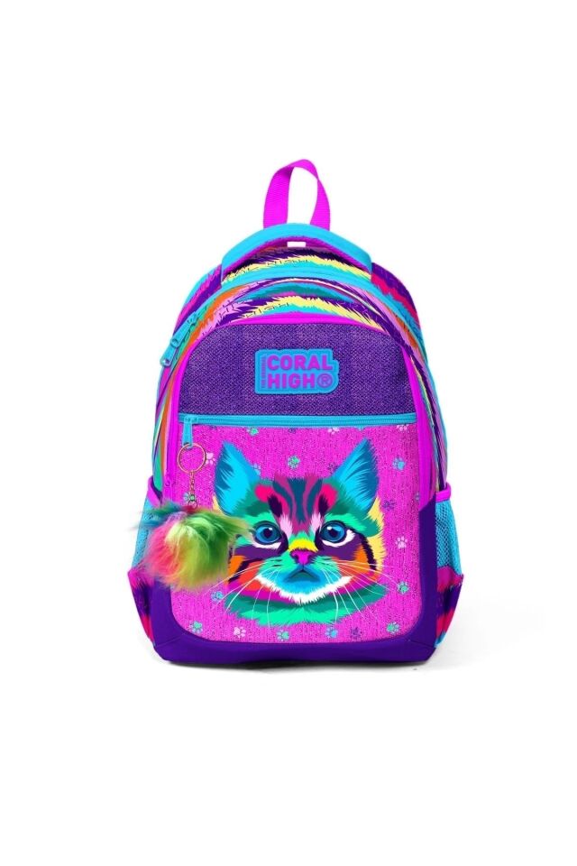 Kedi Desenli Üç Bölmeli Okul Çantası ve Beslenme Çantası 2'li Set