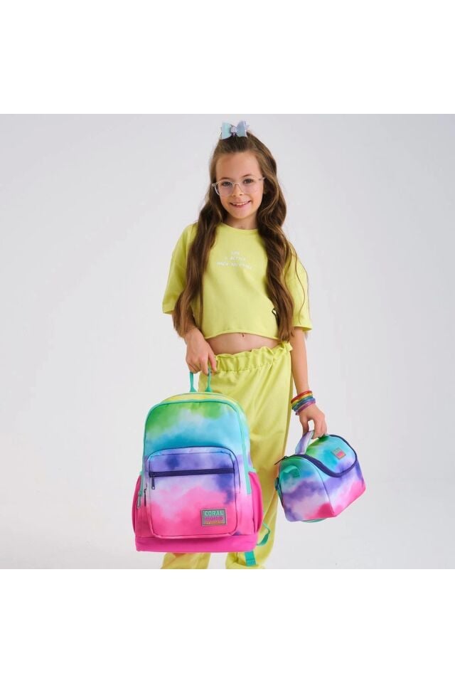 Renkli Batik Desenli Dört Bölmeli Okul Sırt Çantası Beslenme Kalemlik 3 lü Set 23739