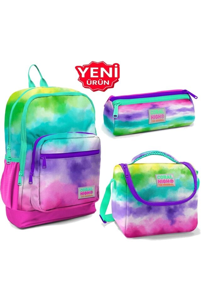 Renkli Batik Desenli Dört Bölmeli Okul Sırt Çantası Beslenme Kalemlik 3 lü Set 23739