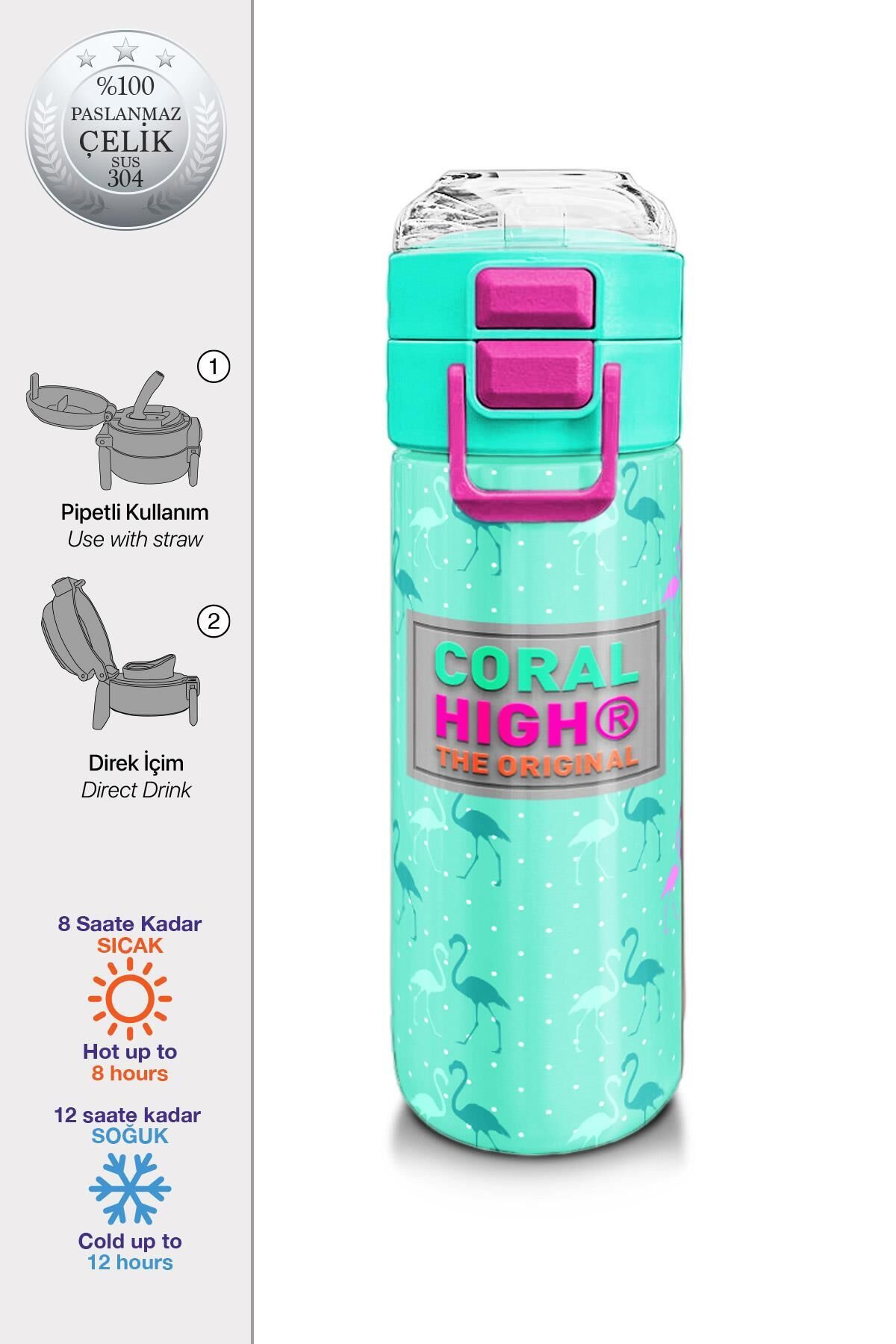 Coral High Kids Su Yeşili Neon Pembe Flamingo Desenli Pipetli ve Direkt İçim Çelik Termos 500 ml 31904