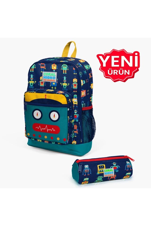 Robot Desenli Dört Bölmeli Okul Sırt Çantası ve Kalemlik 2 li Set