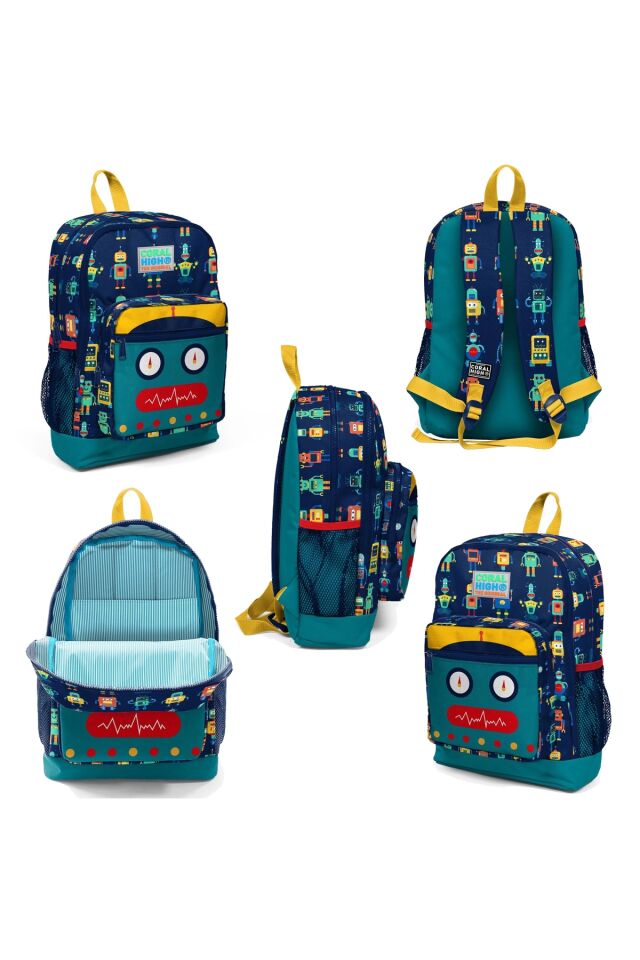 Robot Desenli Dört Bölmeli Okul Sırt Çantası ve Kalemlik 2 li Set