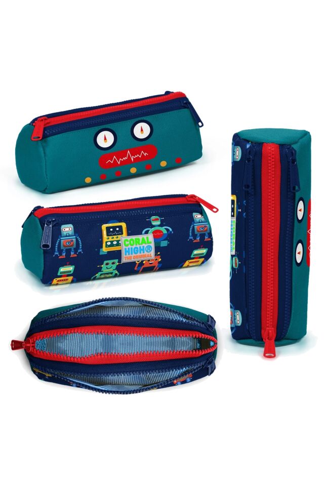 Robot Desenli Dört Bölmeli Okul Sırt Çantası ve Kalemlik 2 li Set