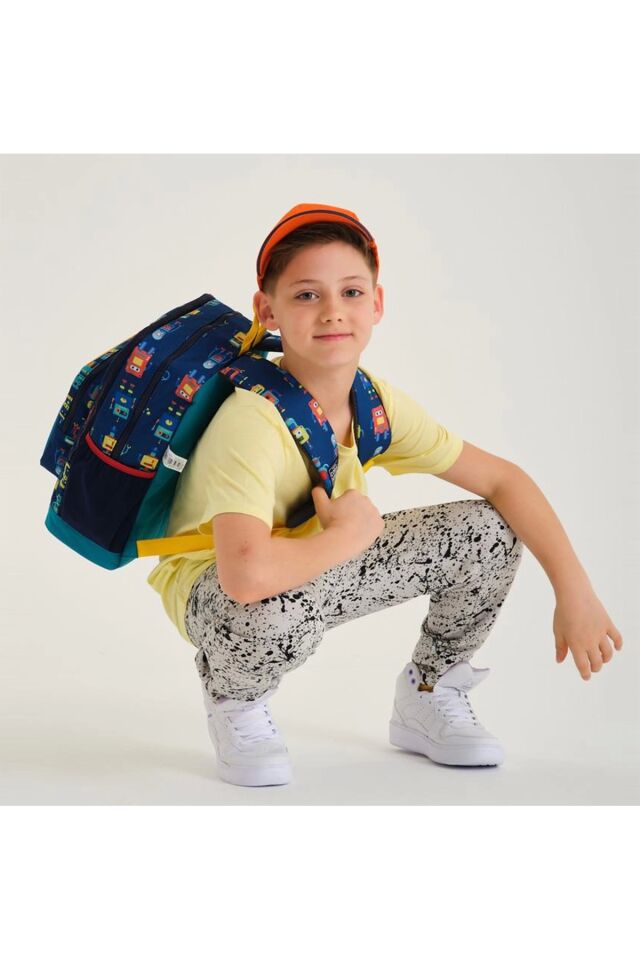 Robot Desenli Dört Bölmeli Okul Sırt Çantası ve Kalemlik 2 li Set