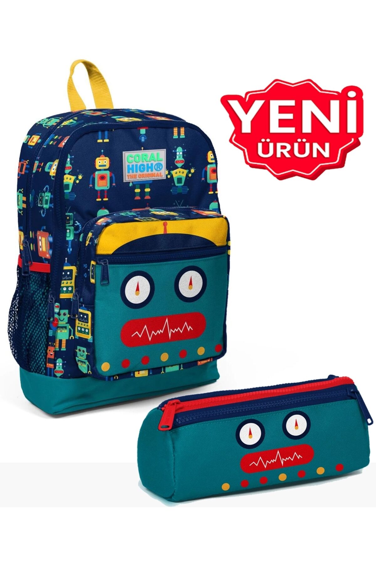 Robot Desenli Dört Bölmeli Okul Sırt Çantası ve Kalemlik 2 li Set