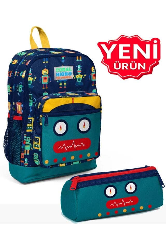 Robot Desenli Dört Bölmeli Okul Sırt Çantası ve Kalemlik 2 li Set