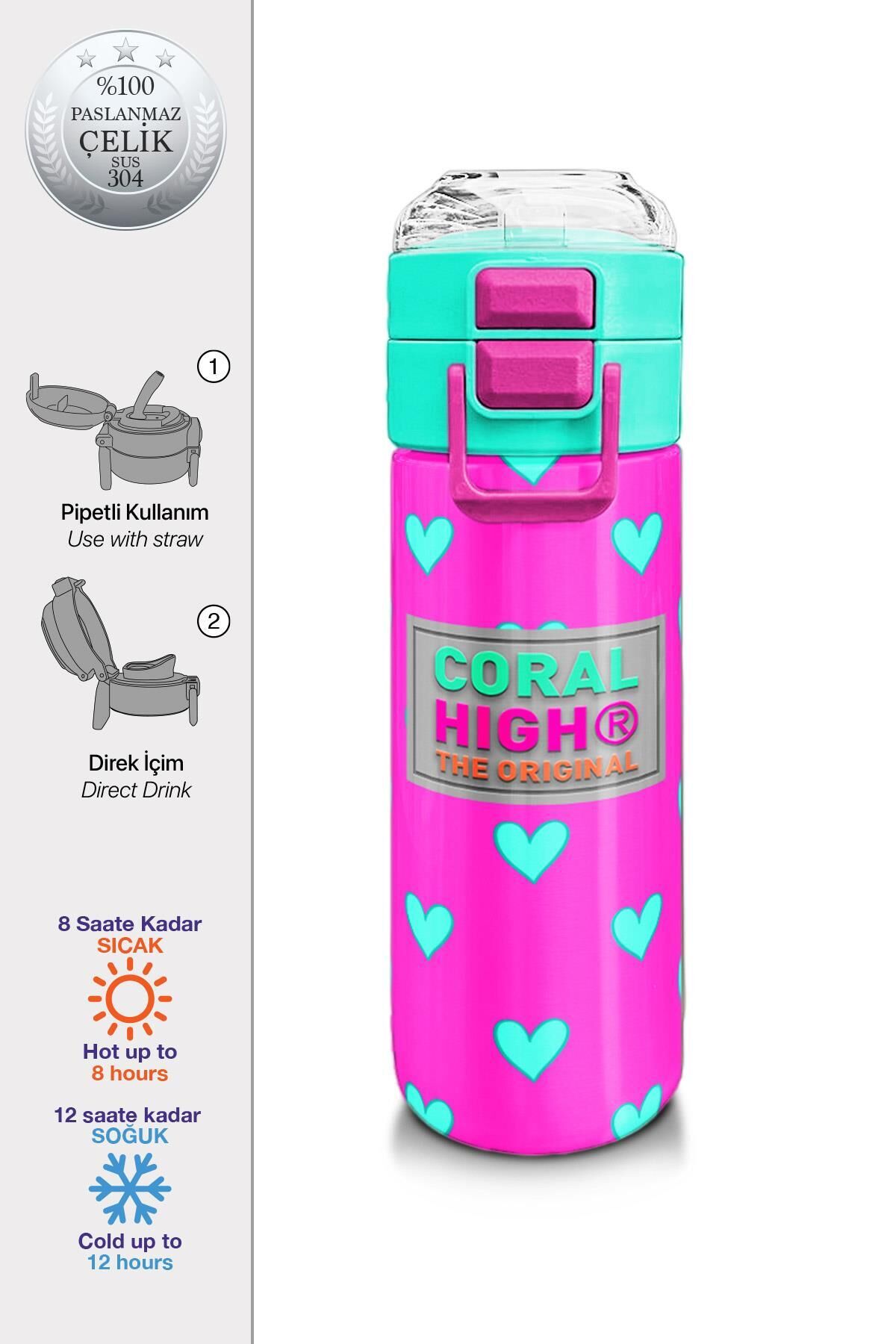 Coral High Kids Neon Pembe Su Yeşili Kalp Desenli Pipetli ve Direkt İçim Çelik Termos 500 ml 31906