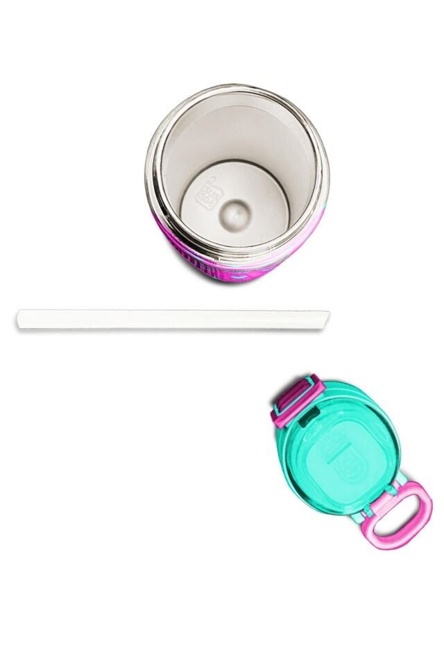 Coral High Kids Neon Pembe Su Yeşili Kalp Desenli Pipetli ve Direkt İçim Çelik Termos 500 ml 31906
