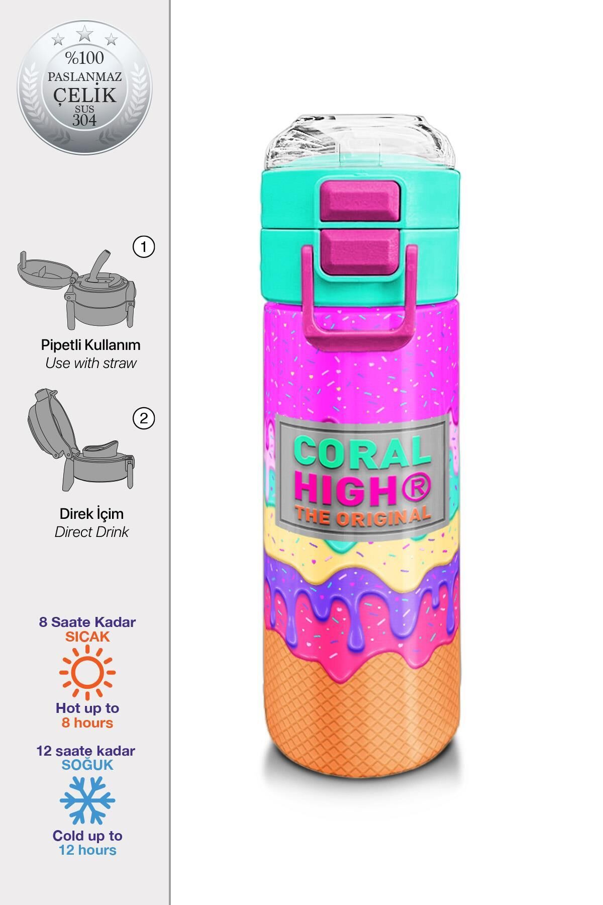 Coral High Kids Pembe Rengarenk Dondurma Desenli Pipetli ve Direkt İçim Çelik Termos 500 ml 31938