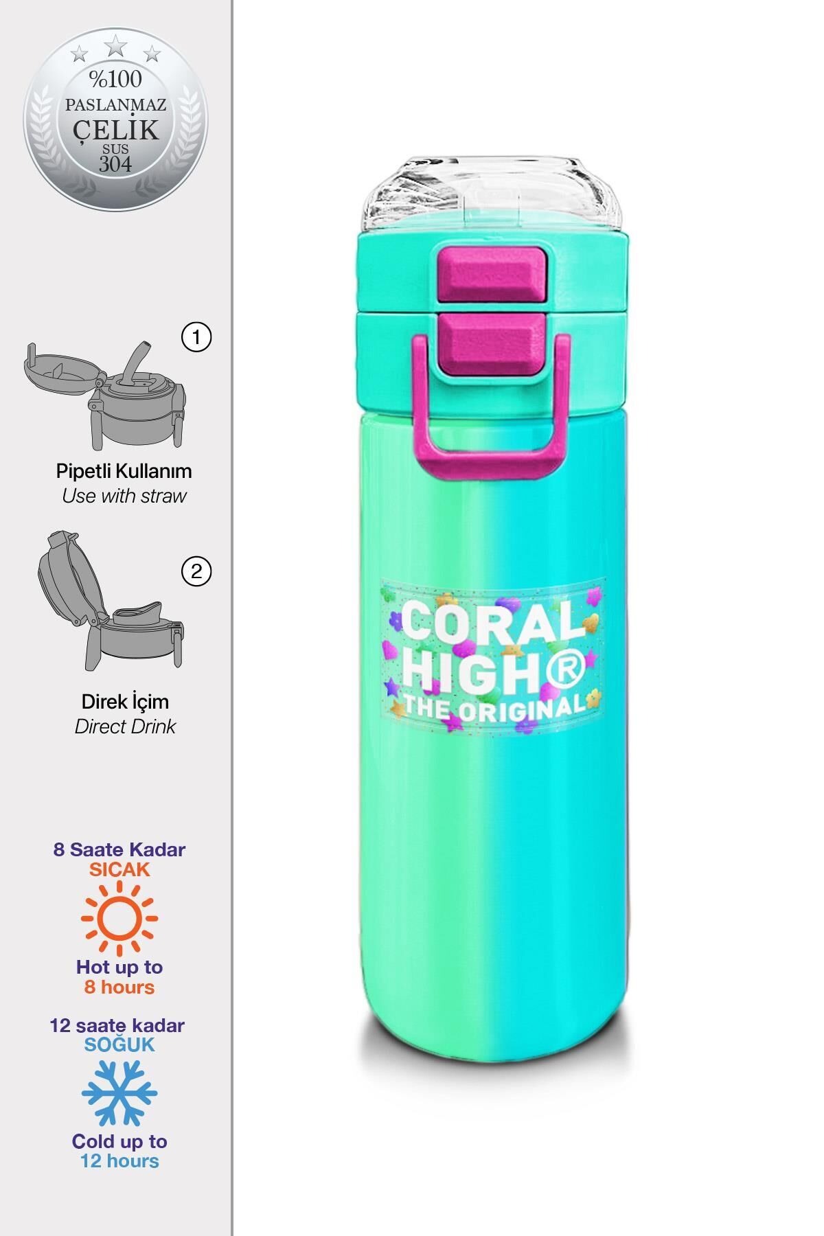 Coral High Kids Renkli Çizgili Pipetli ve Direkt İçim Çelik Termos 500 ml 31844