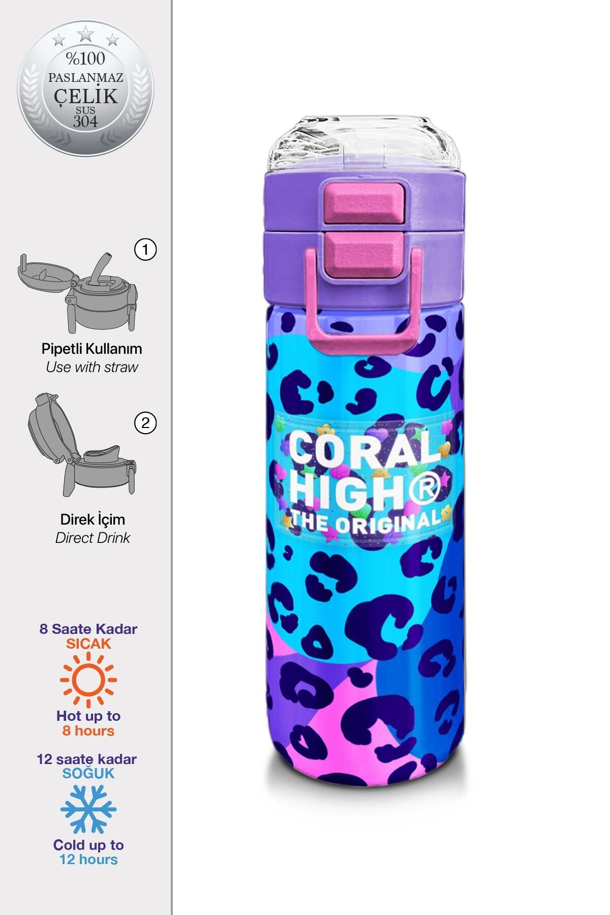 Coral High Kids Mor Leopar Desenli Pipetli ve Direkt İçim Çelik Termos 500 ml 31846