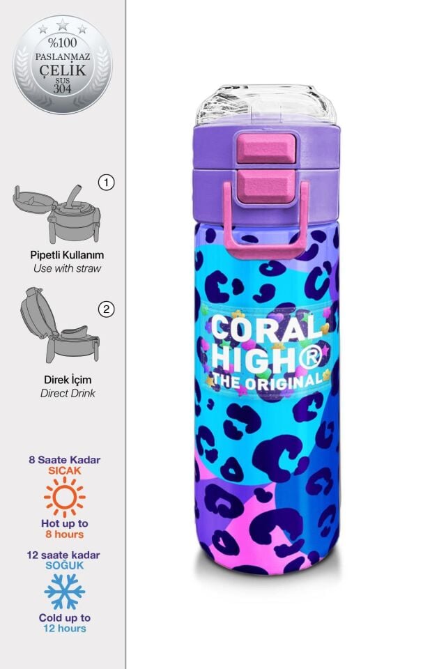 Coral High Kids Mor Leopar Desenli Pipetli ve Direkt İçim Çelik Termos 500 ml 31846