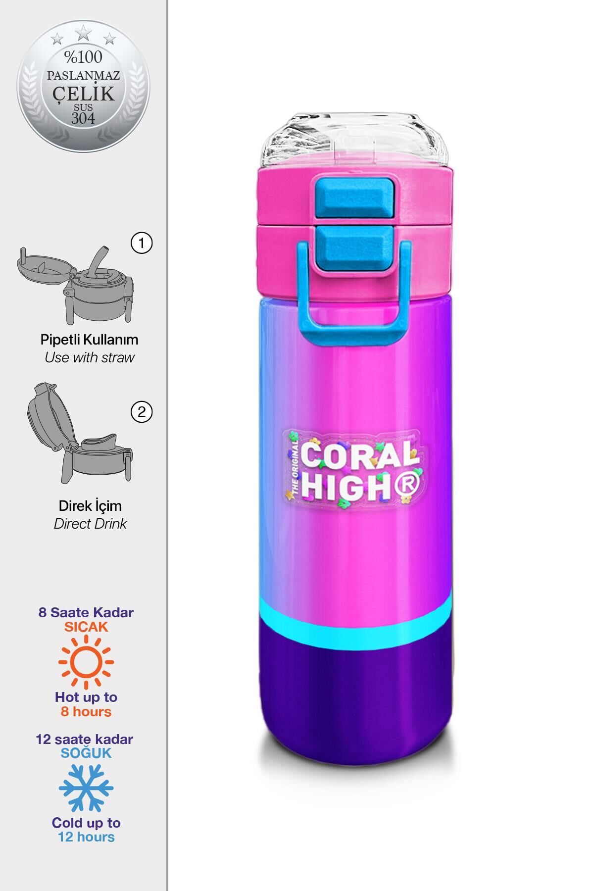 Coral High Kids Renkli Çizgili Pipetli ve Direkt İçim Çelik Termos 500 ml 31836