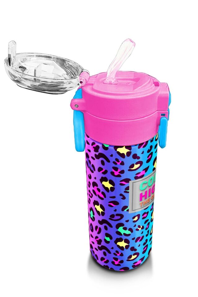 Coral High Kids Renkli Leopar Desenli Pipetli ve Direk İçimli Paslanmaz Çelik Termos 500 ML 31985