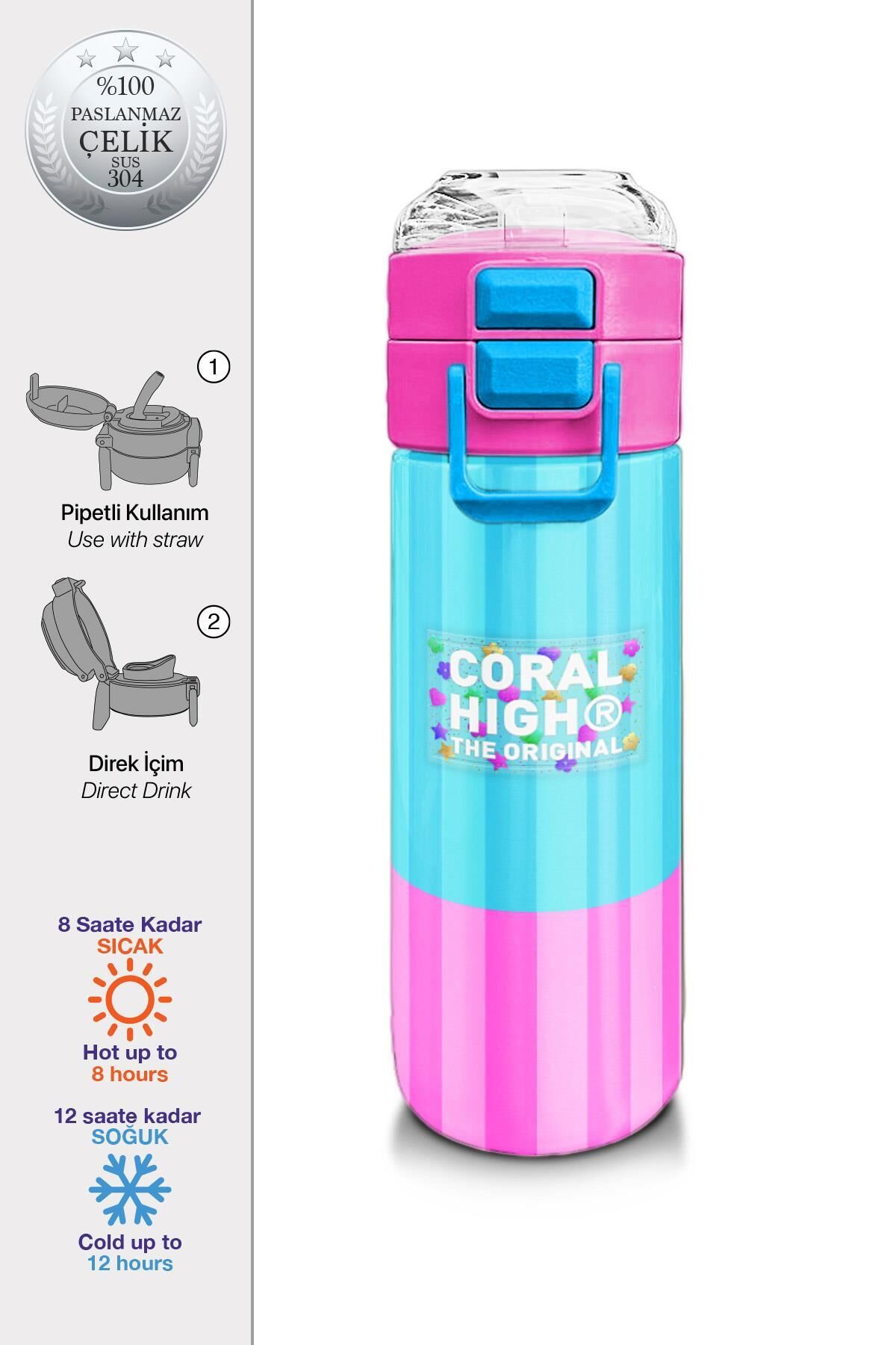 Coral High Kids Renkli Çizgili Desenli Pipetli ve Direkt İçim Çelik Termos 500 ml 31987