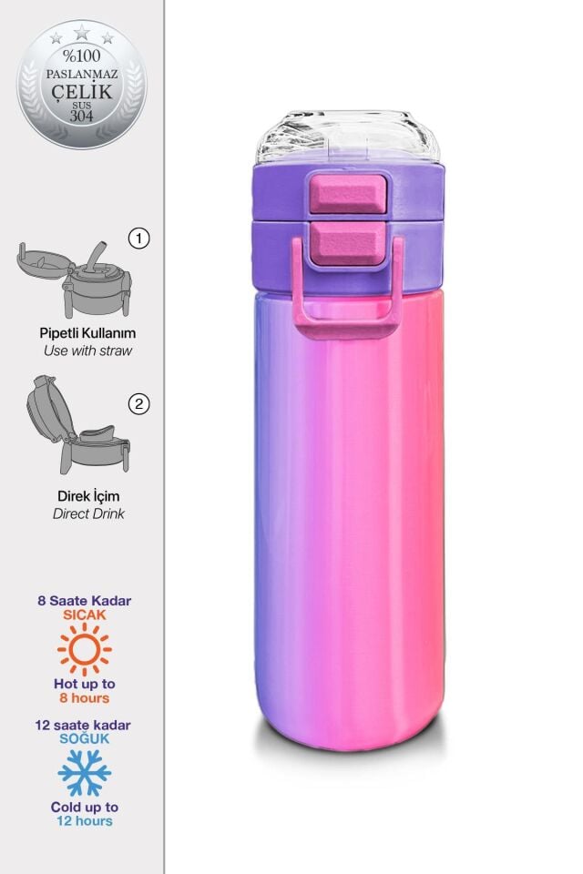 Coral High Kids Renk Geçişli Pipetli ve Direkt İçim Çelik Termos 500 ml 31868
