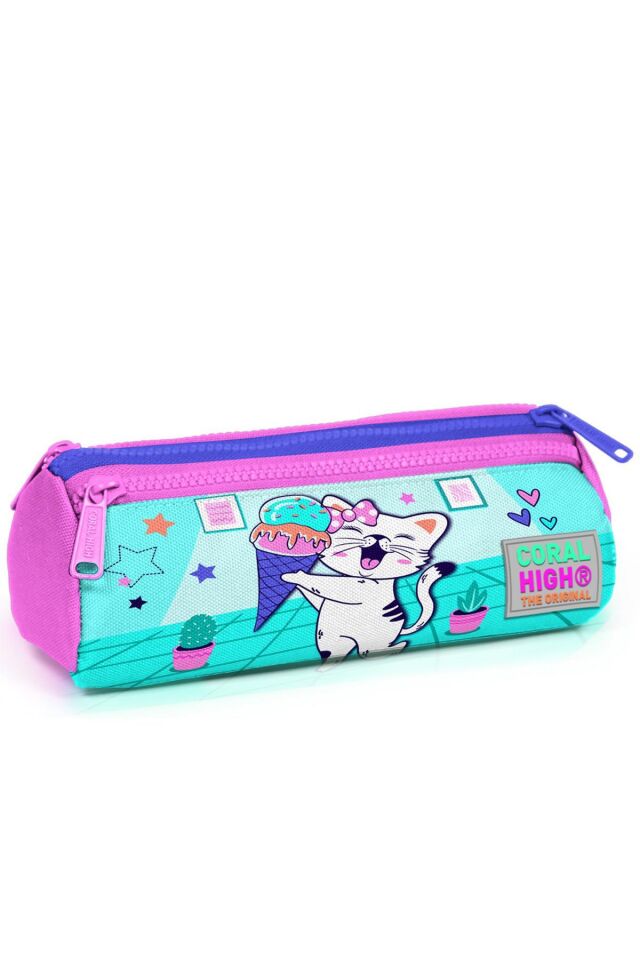 Kids Turkuaz Pembe Dondurmalı Kedi Desenli Üç Bölmeli Kalem Çantası 22051 Turkuaz Pembe