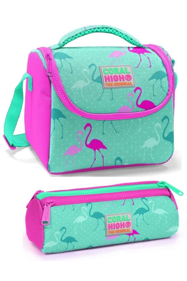 Kız Çocuk Su Yeşili Pembe Flamingo Beslenme Çantası Seti