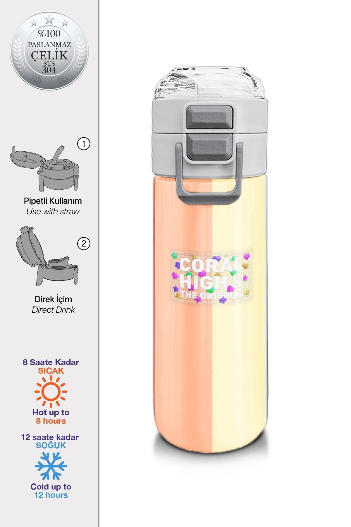 Kids Kız Desenli Pipetli ve Direkt İçim Çelik Termos 500 ml Sarı