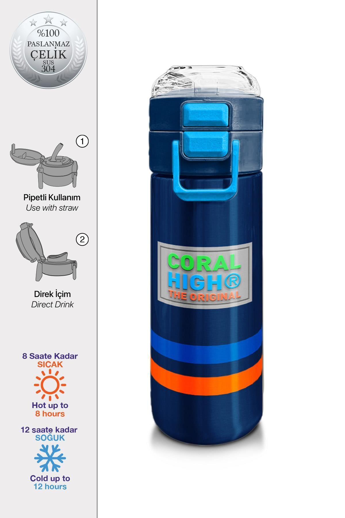 Coral High Kids Lacivert Pipetli ve Direkt İçim Çelik Termos 500 ml 31928