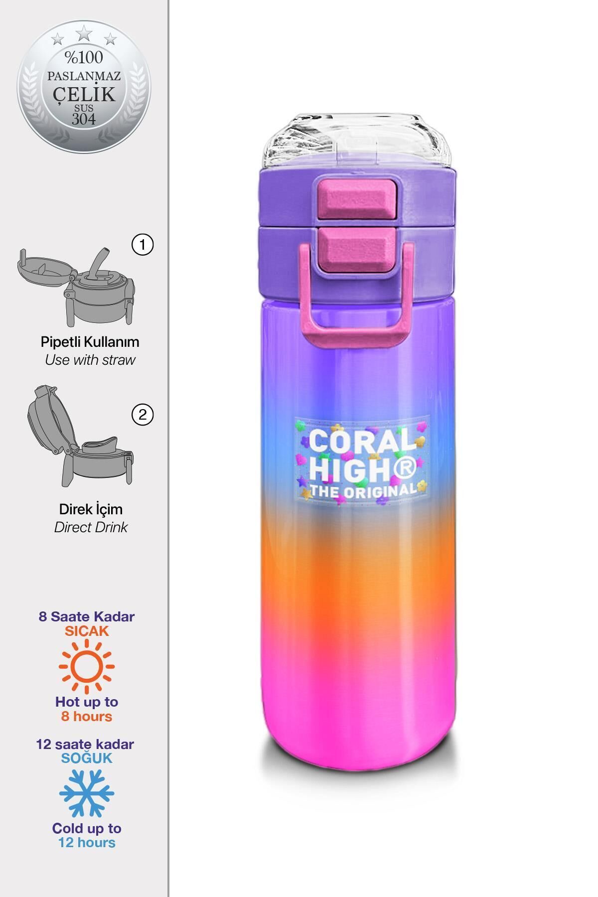 Kids Kız Desenli Pipetli ve Direkt İçim Çelik Termos 500 ml Turuncu