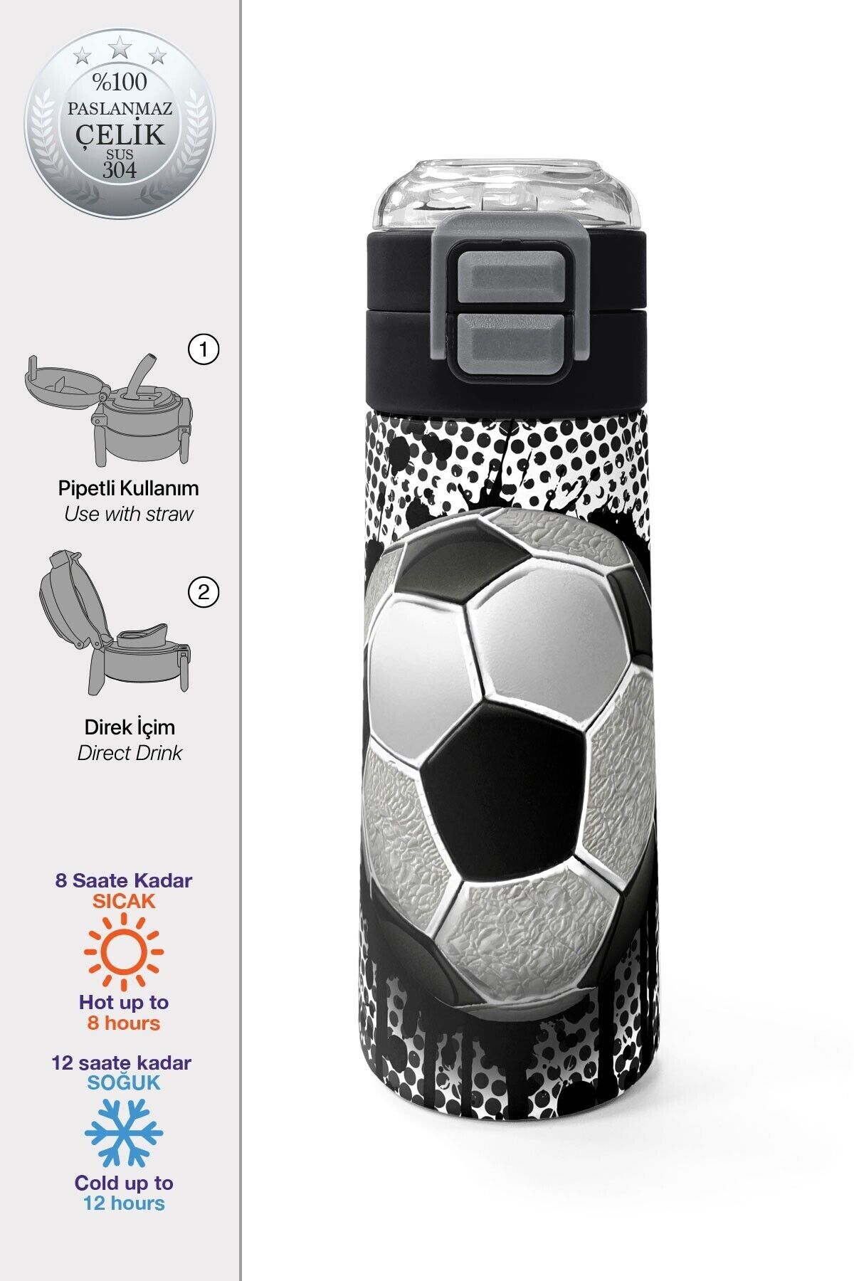 Kids Futbol Desenli Pipetli ve Direkt İçim Çelik Termos 500 ml 31816 Siyah - Beyaz