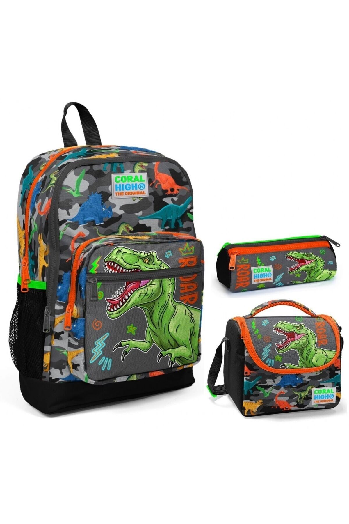 Gri Yeşil Dinazor Üçlü İlkokul Okul Çanta Seti