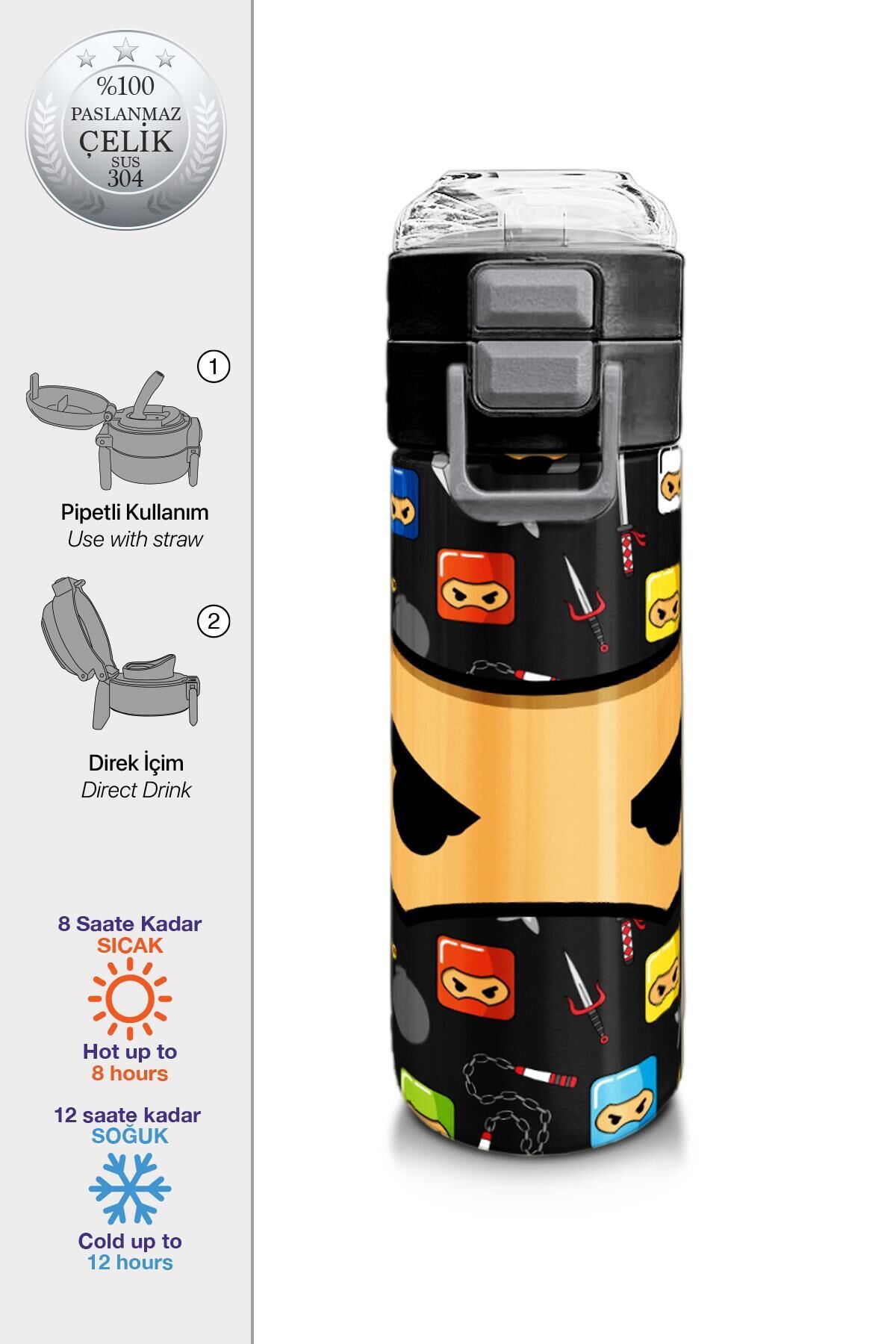 Coral High Kids Siyah Ninja Desenli Pipetli ve Direkt İçim Çelik Termos 500 ml 31919
