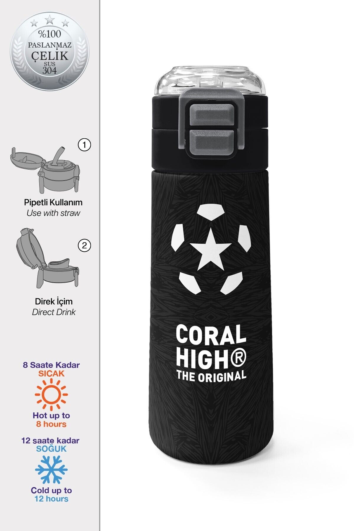 Kids Futbol Desenli Pipetli ve Direkt İçim Çelik Termos 500 ml 31816 Siyah - Si̇yah