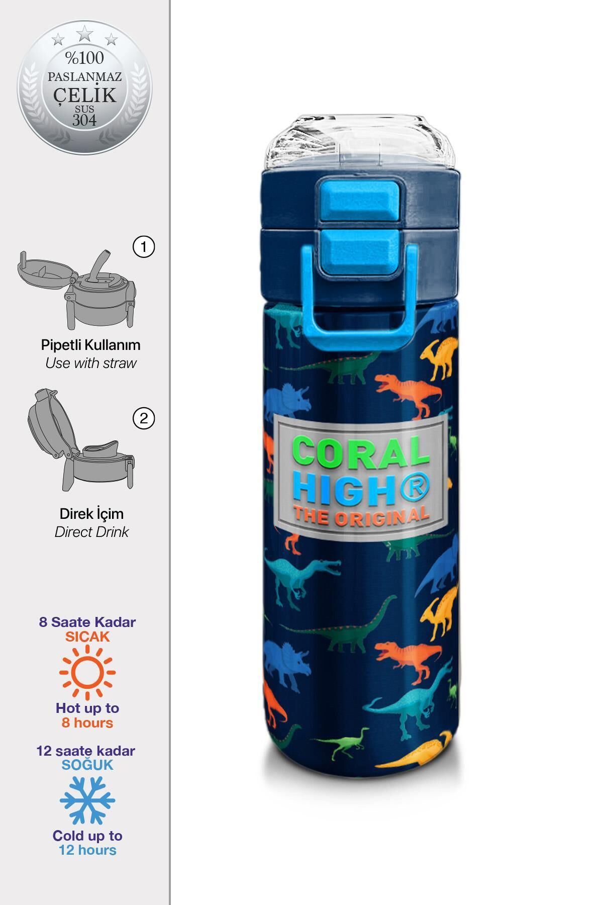 Coral High Kids Lacivert Mavi Dinozor Desenli Pipetli ve Direkt İçim Çelik Termos 500 ml 31907