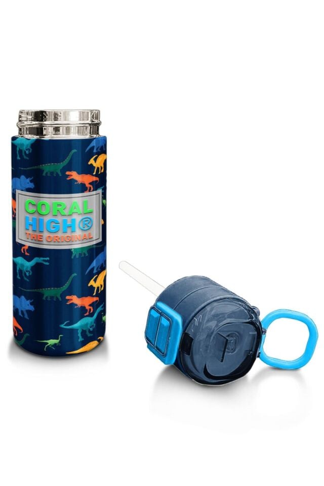 Coral High Kids Lacivert Mavi Dinozor Desenli Pipetli ve Direkt İçim Çelik Termos 500 ml 31907