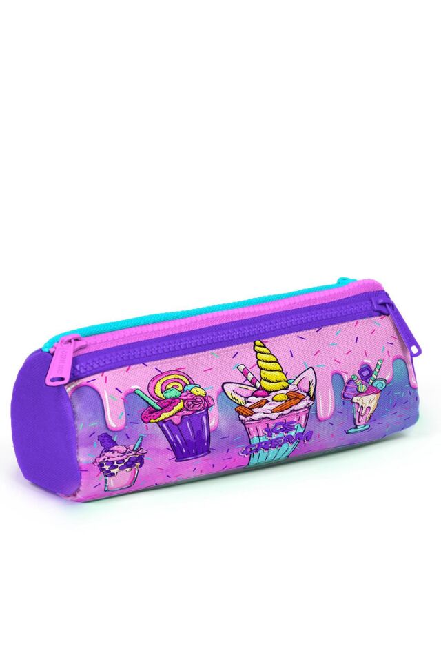 Kids Pembe Mor Milkshake Dondurma Desenli Üç Bölmeli Kalem Çantası 22049 Pembe Mor