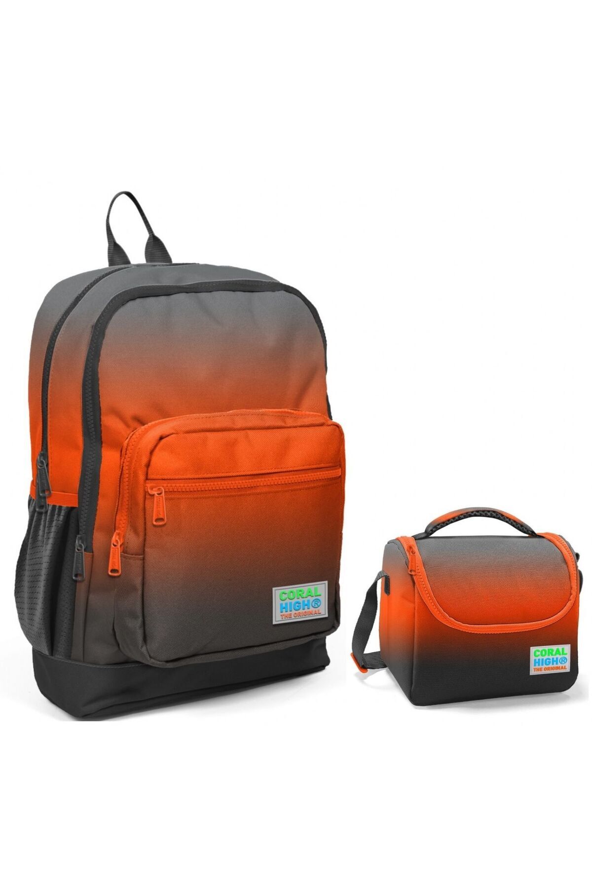 Siyah Turuncu Gradyan Okul Sırt ve Beslenme Çantası Seti