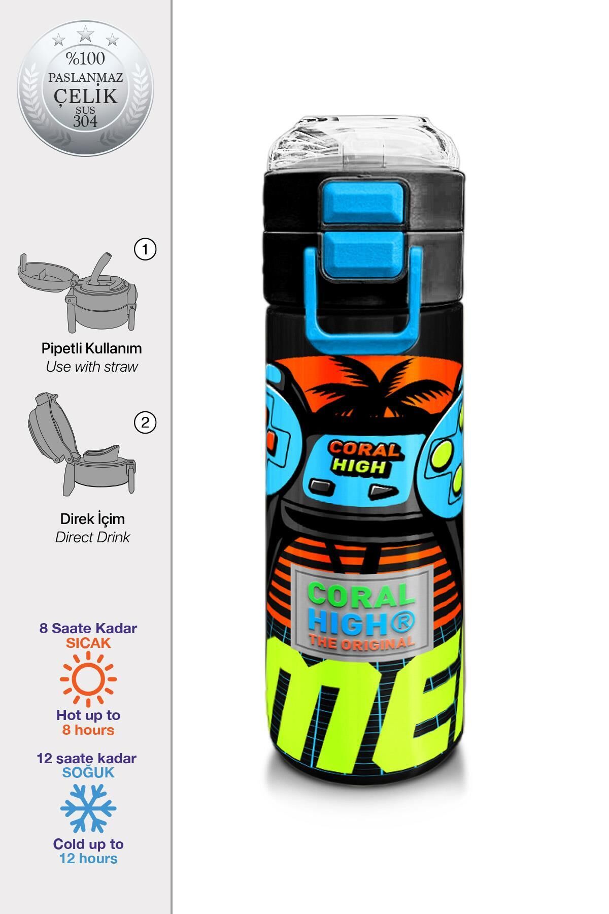 Coral High Kids Gri Turuncu Gamer Desenli Pipetli ve Direkt İçim Çelik Termos 500 ml 31947