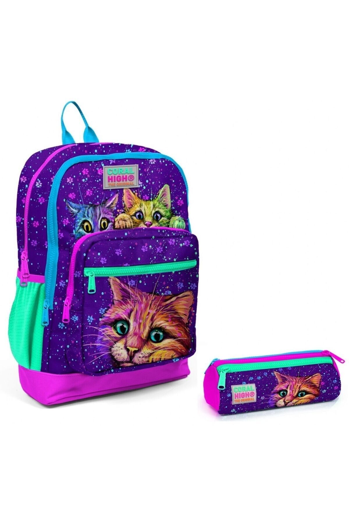 Mor Kedi İlkokul Sırt Çantası ve Kalemlik Seti