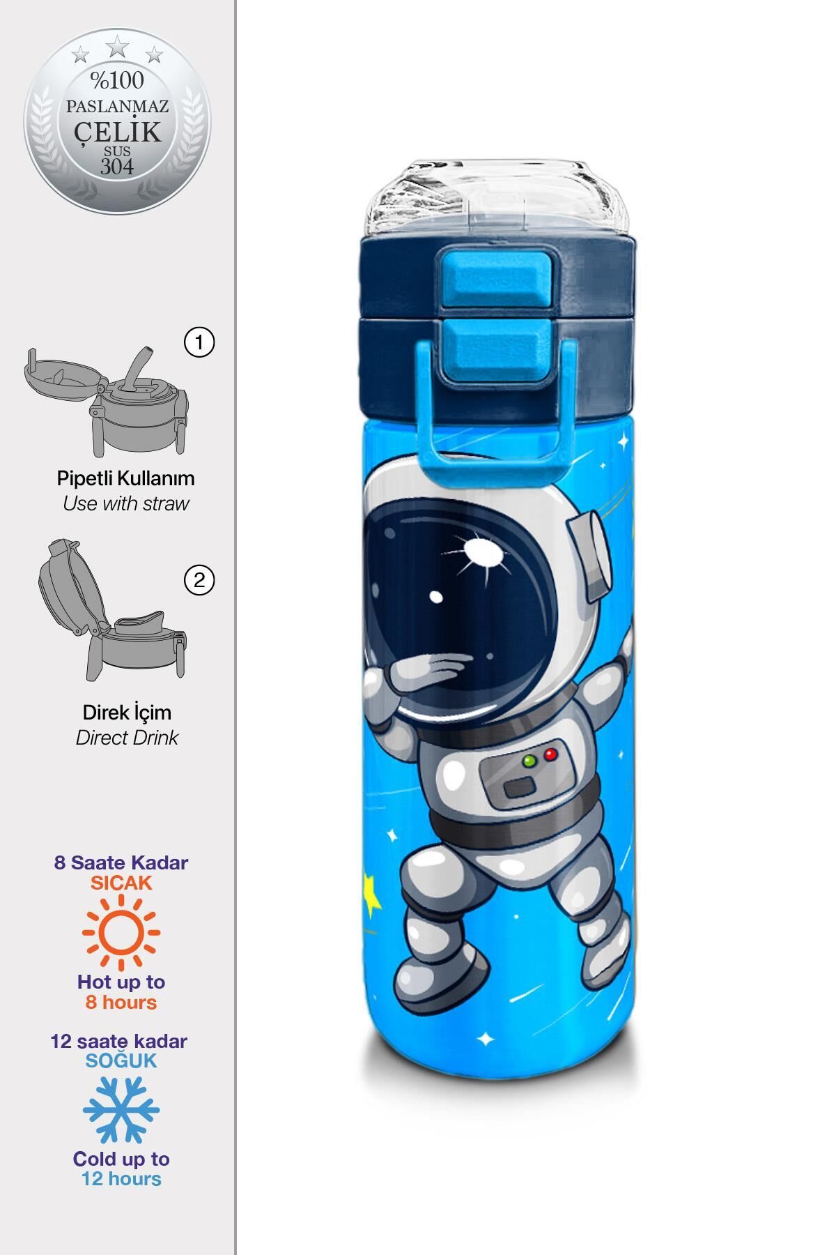 Coral High Kids Lacivert Mavi Astronot Desenli Pipetli ve Direkt İçim Çelik Termos 500 ml 31804