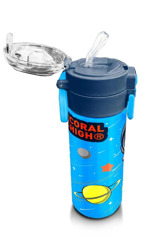 Coral High Kids Lacivert Mavi Astronot Desenli Pipetli ve Direkt İçim Çelik Termos 500 ml 31804